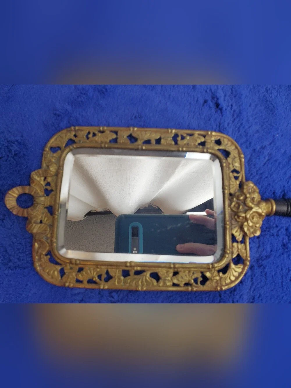 Antique TOWNSHEND 19th Century Ornate Brass Vanity Hand Mirror W/ Ebony Handle